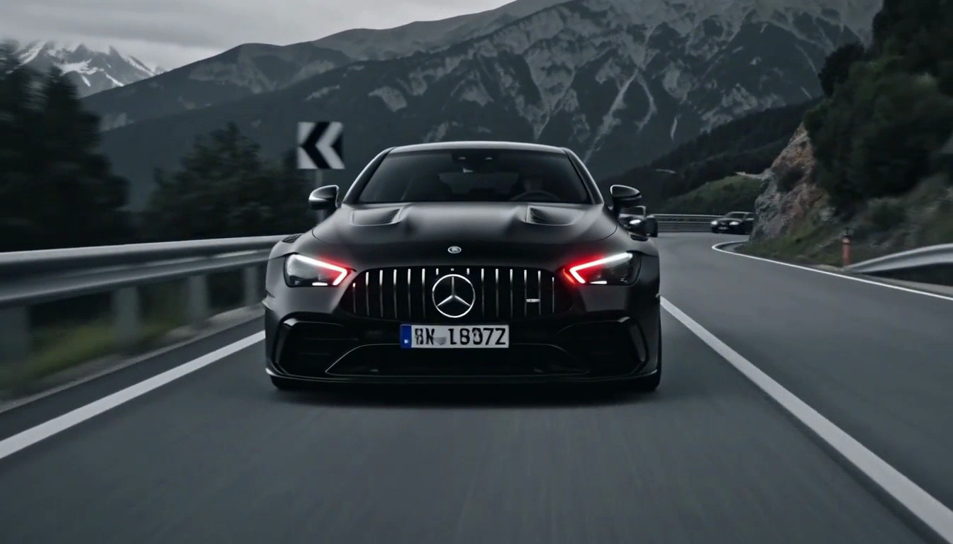 Black AMG GT leading an AMG Club convoy through a mountain pass
